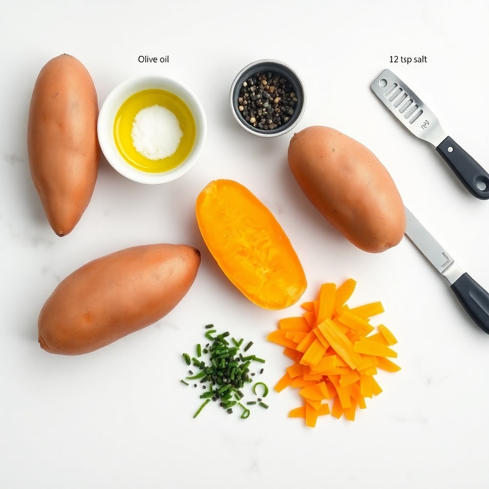 Arrangement of sweet potatoes, olive oil, salt, and other ingredients for oven baked sweet potato fries