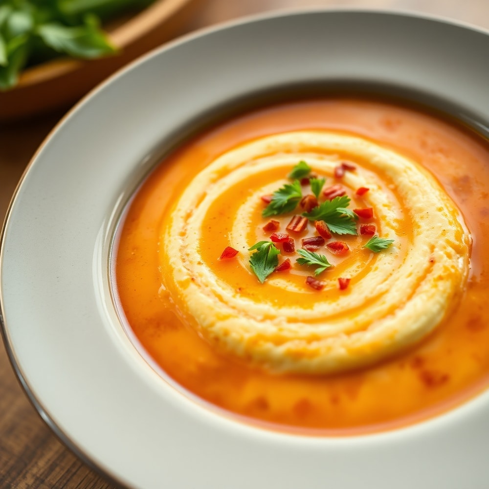 Paleo Pizza Soup plated with a side of garlic bread