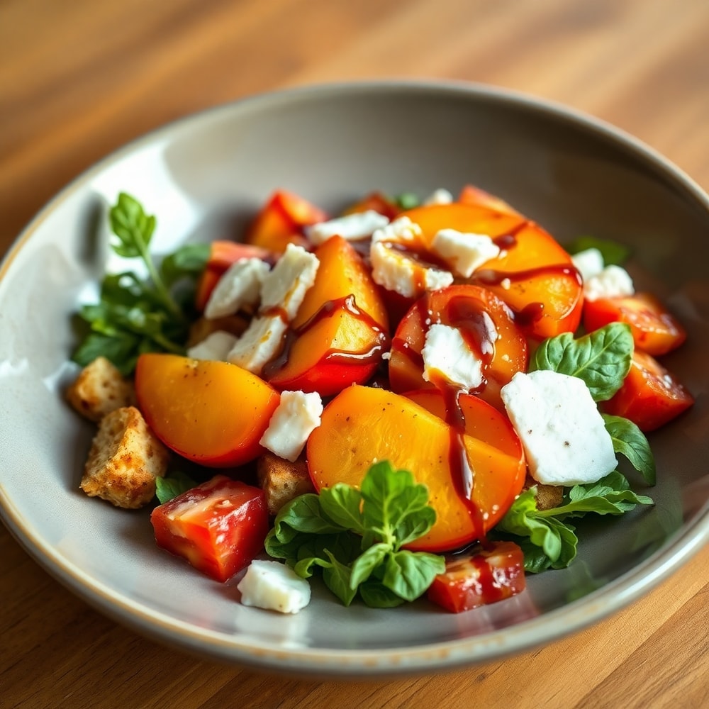 Plated Peach and Tomato Panzanella Salad