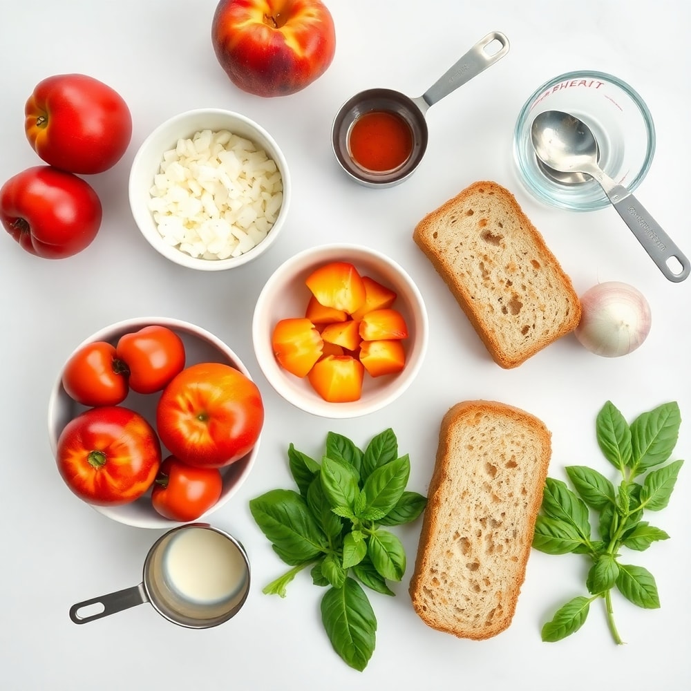 Raw ingredients for Peach and Tomato Panzanella Salad