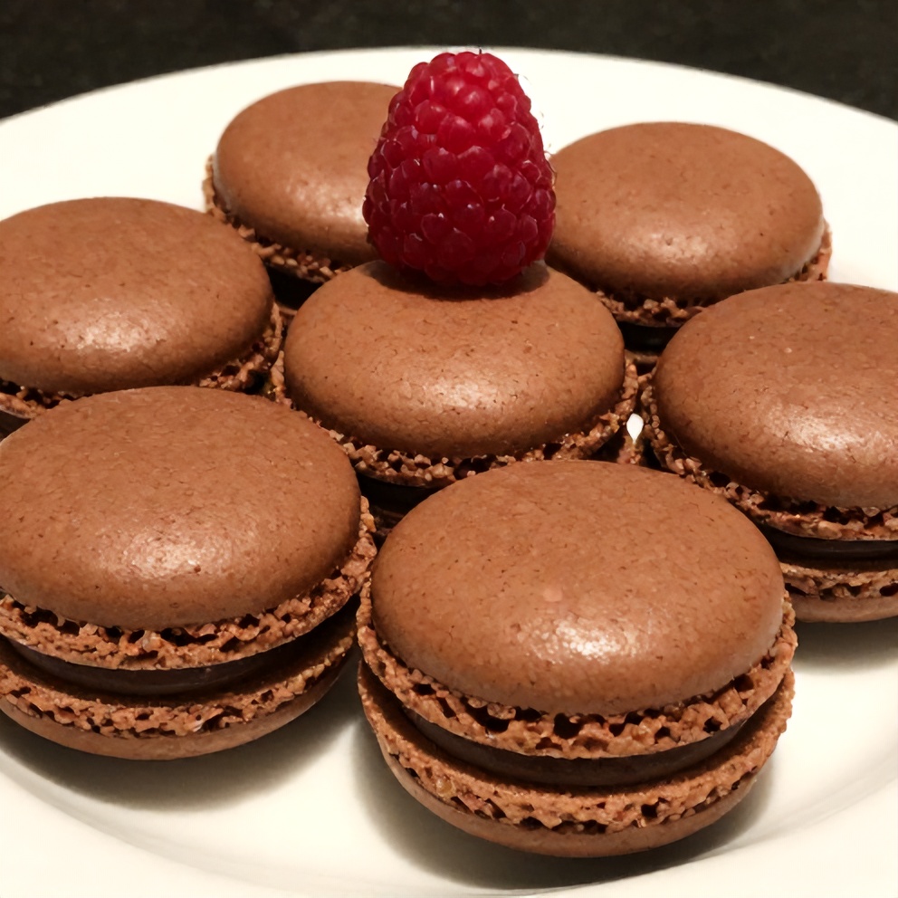 Perfect chocolate macarons with ganache filling on a white plate