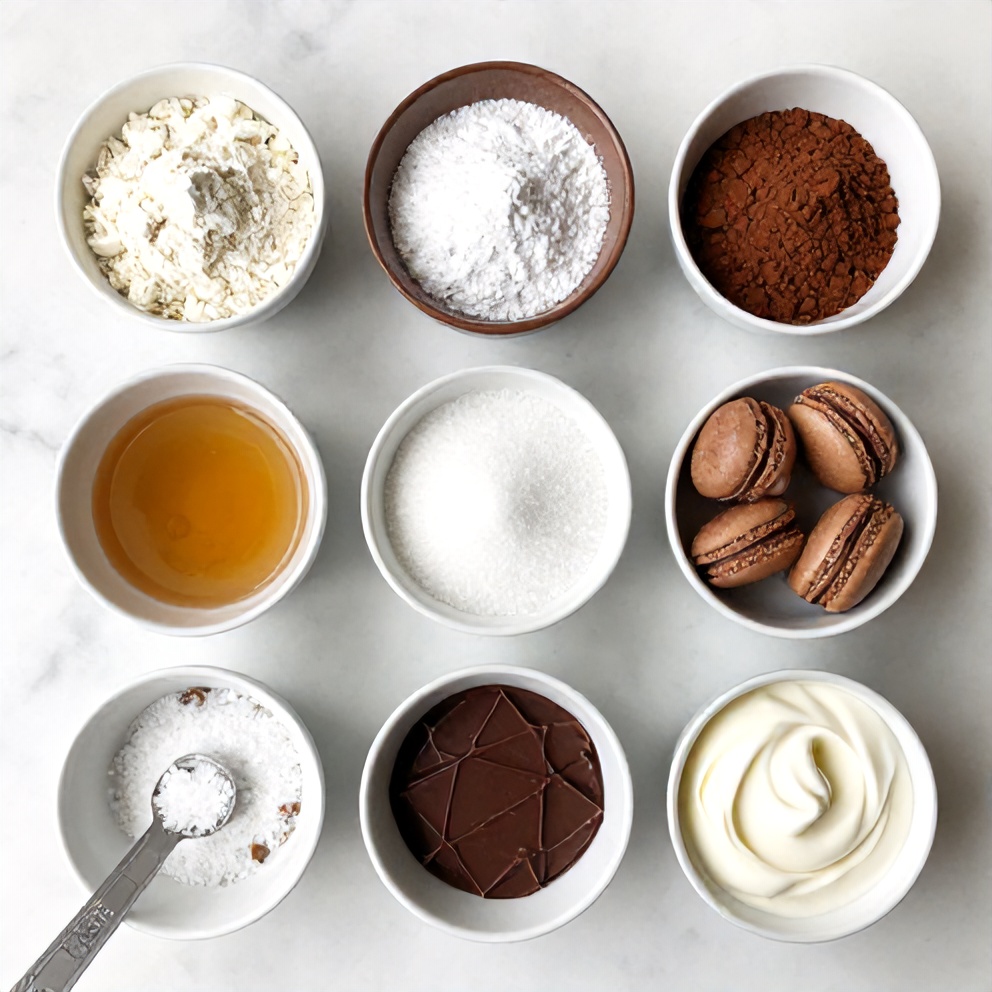 Raw ingredients for chocolate macarons on a marble surface