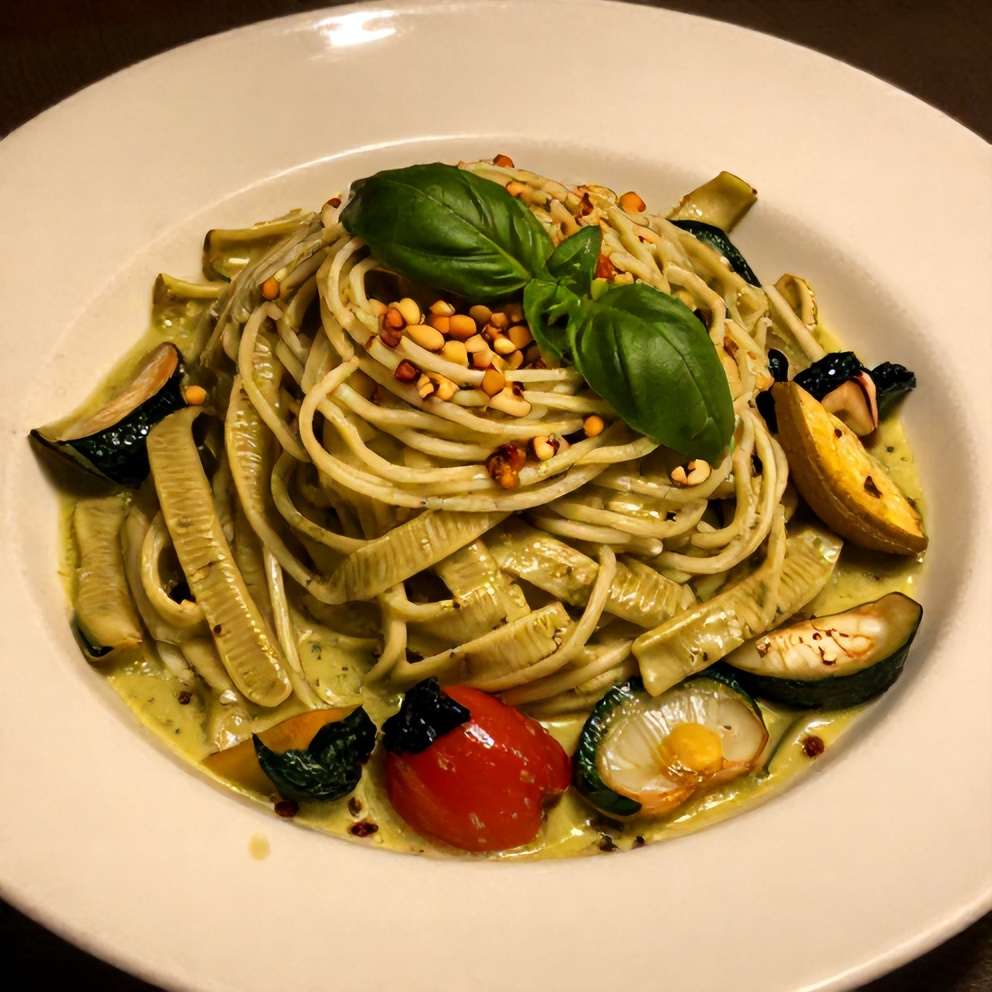 Plated Pesto Pasta with Summer Vegetables
