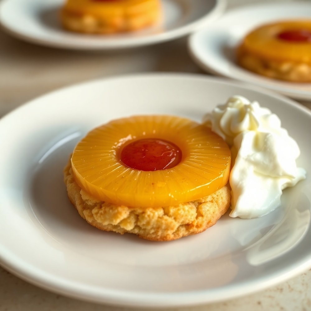 Plated Pineapple Upside Down Sugar Cookies with a side of whipped cream