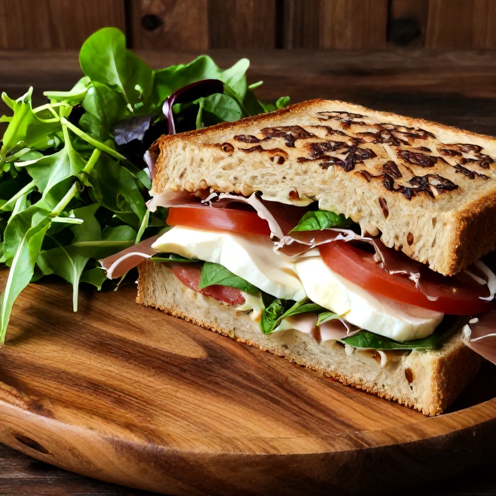 Plated pressed Italian picnic sandwiches with a side of greens