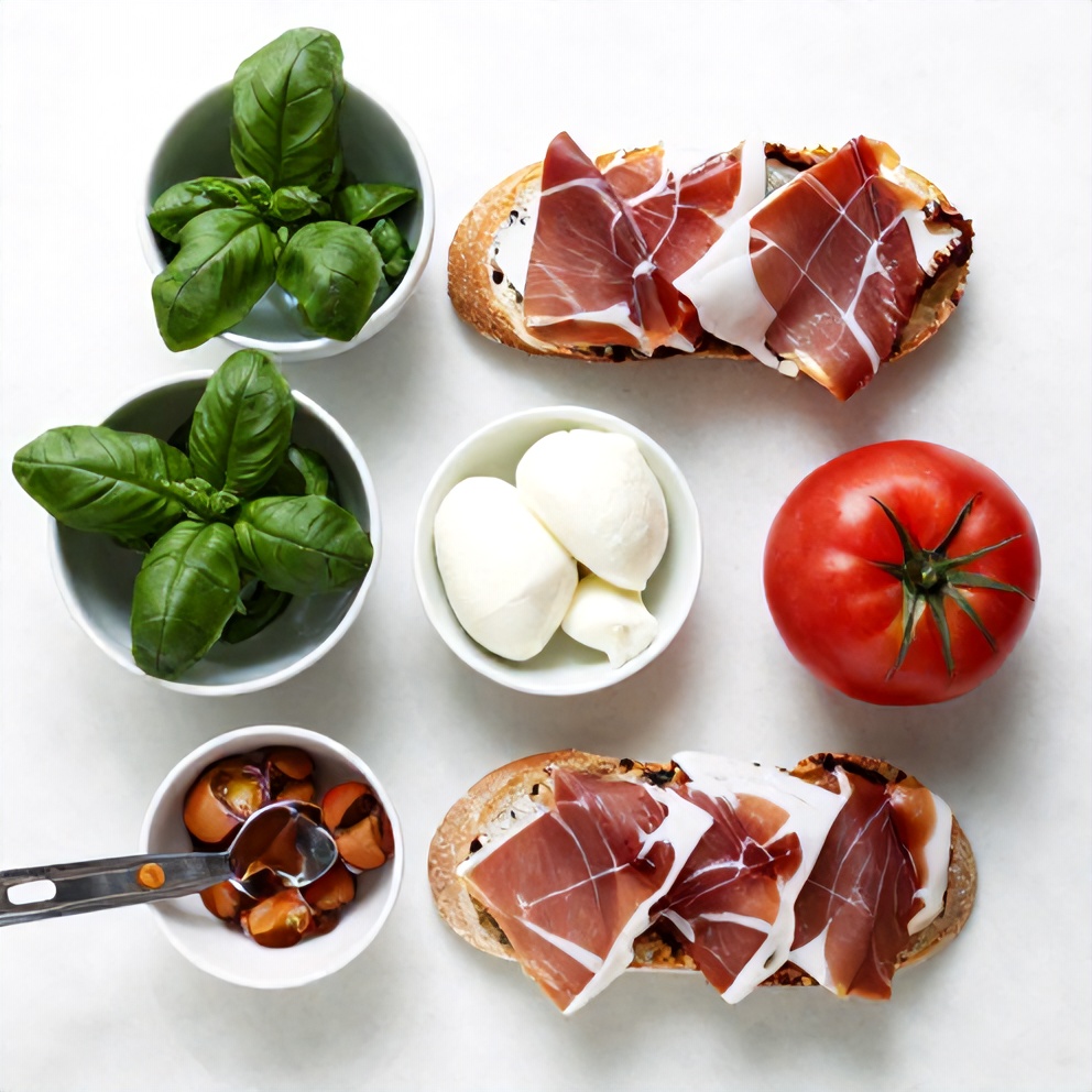 Raw ingredients for pressed Italian picnic sandwiches on a marble surface