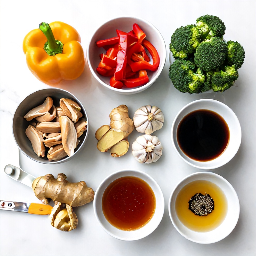 Raw ingredients for quick chicken stir fry