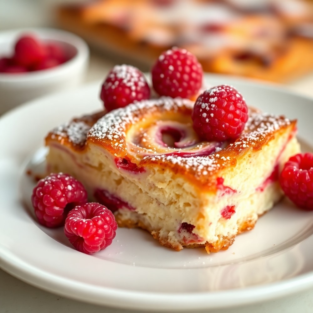 Plated Raspberry Cheesecake French Toast Casserole with powdered sugar and fresh raspberries