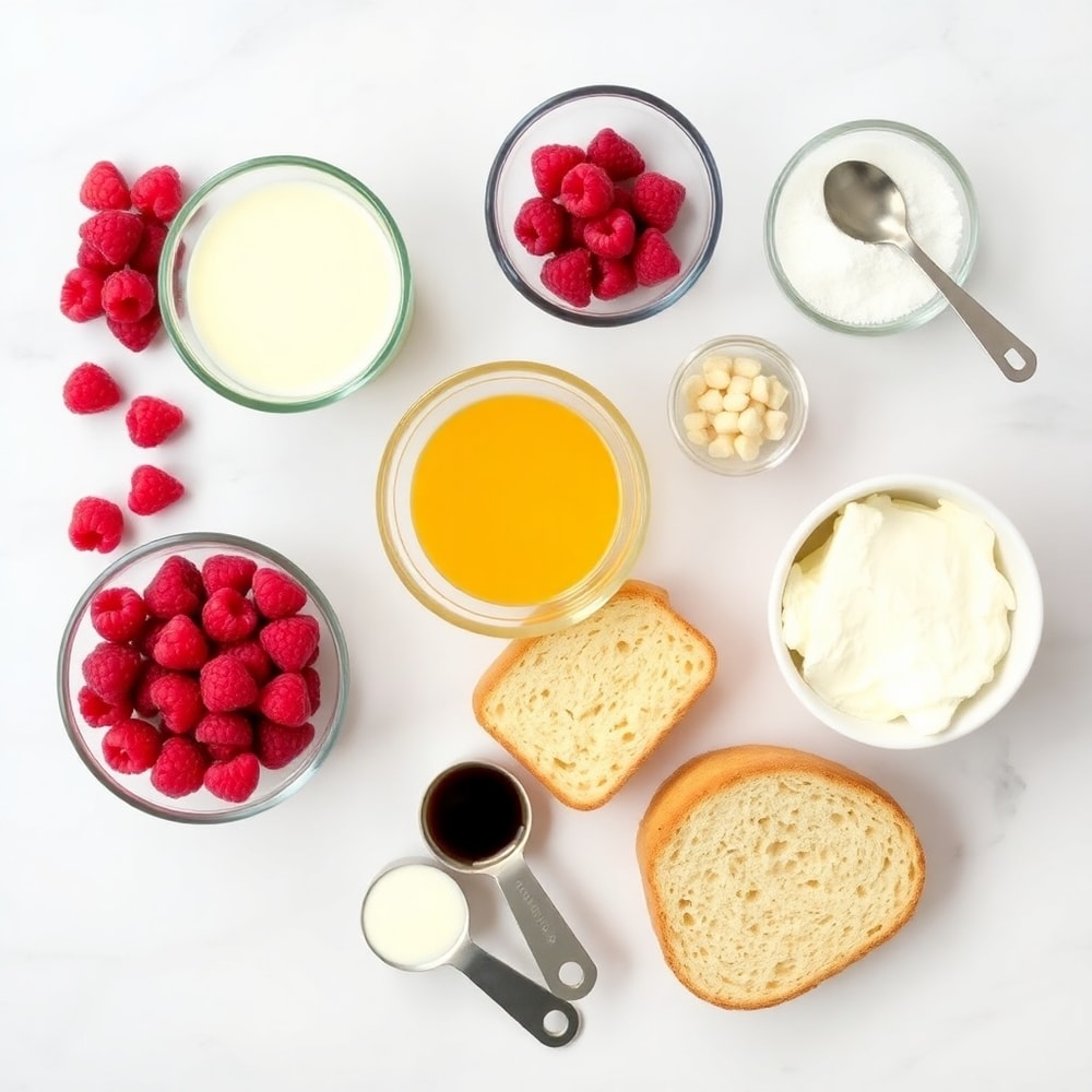 Raspberry Cheesecake French Toast Casserole ingredients including bread, cream cheese, eggs, and fresh raspberries
