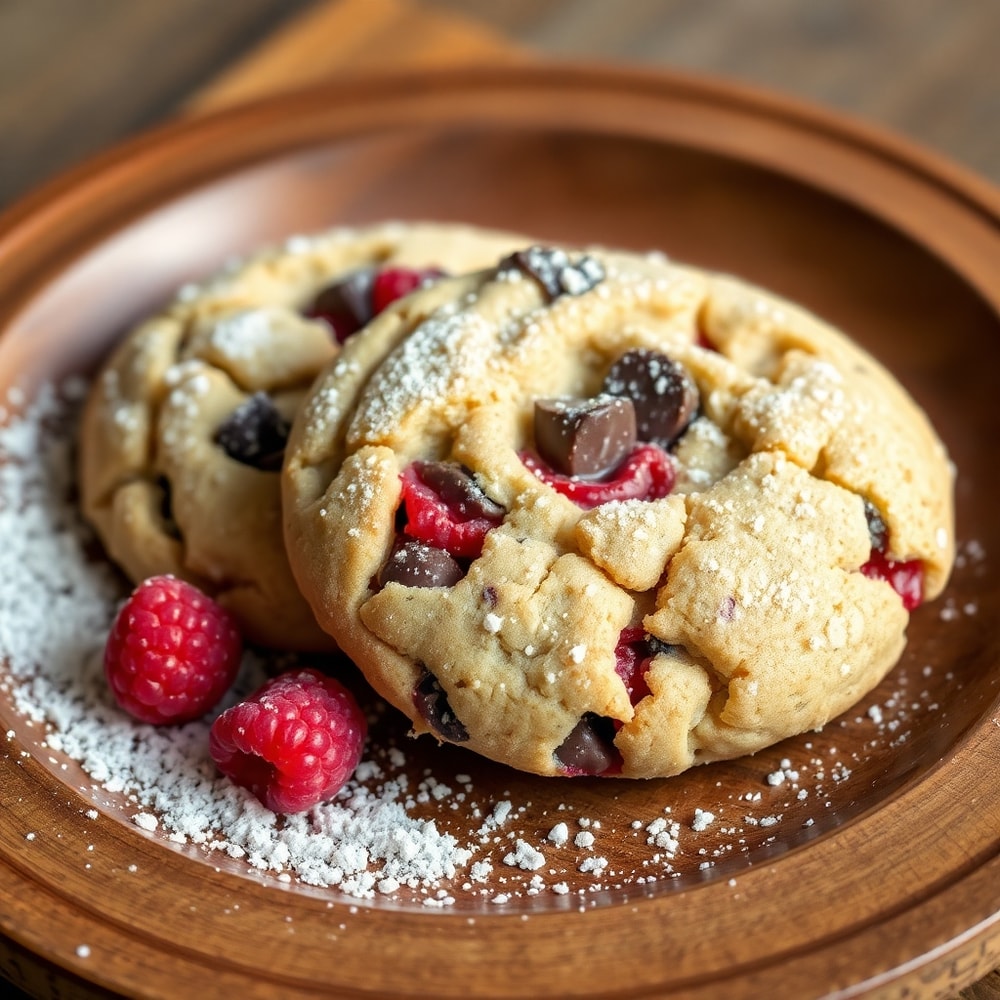 Plated Raspberry Chocolate Chip Cookies on a rustic plate