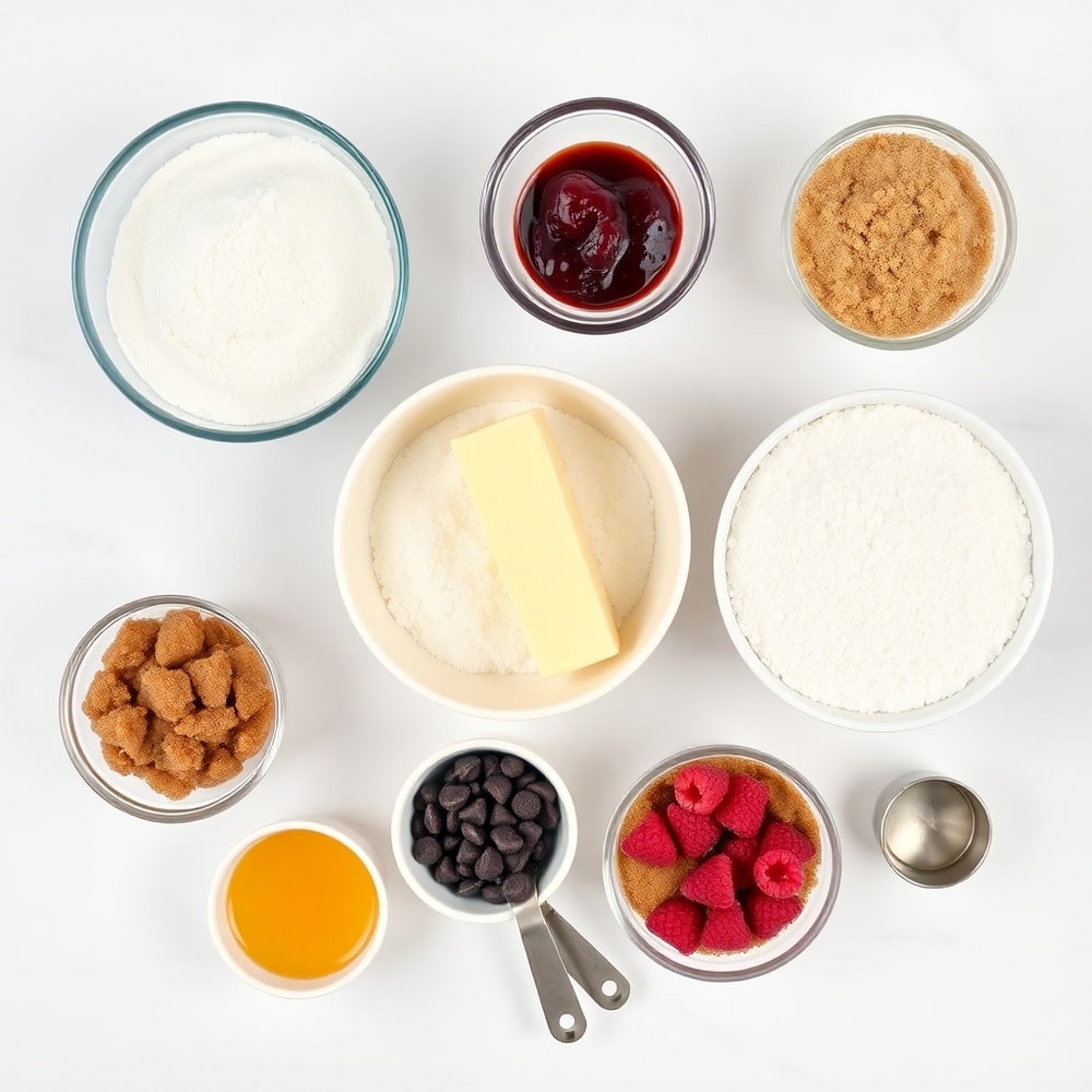 Raw ingredients for Raspberry Chocolate Chip Cookies on a marble surface