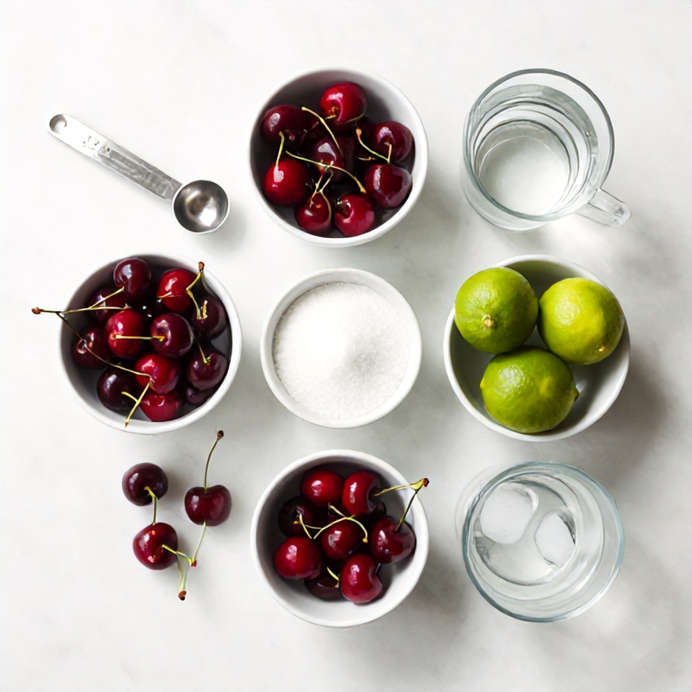 Ingredients for cherry limeade: cherries, limes, sugar, water, ice