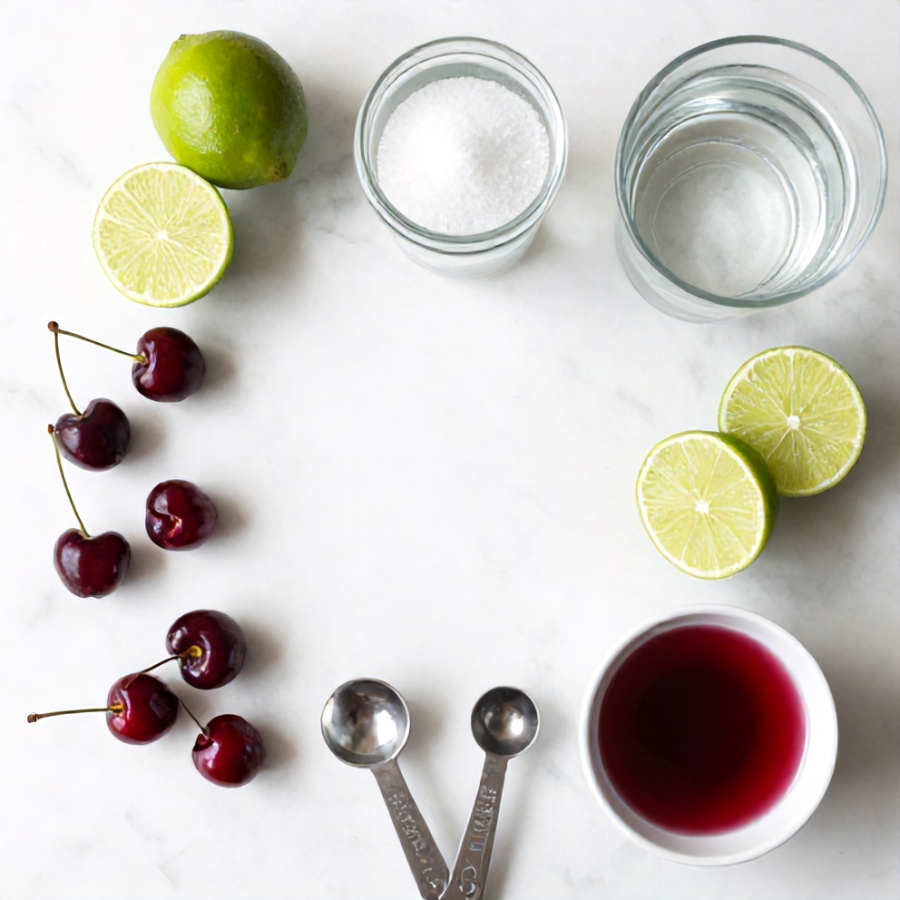 Ingredients for cherry limeade: cherries, lime, sugar, water, ice, and grenadine