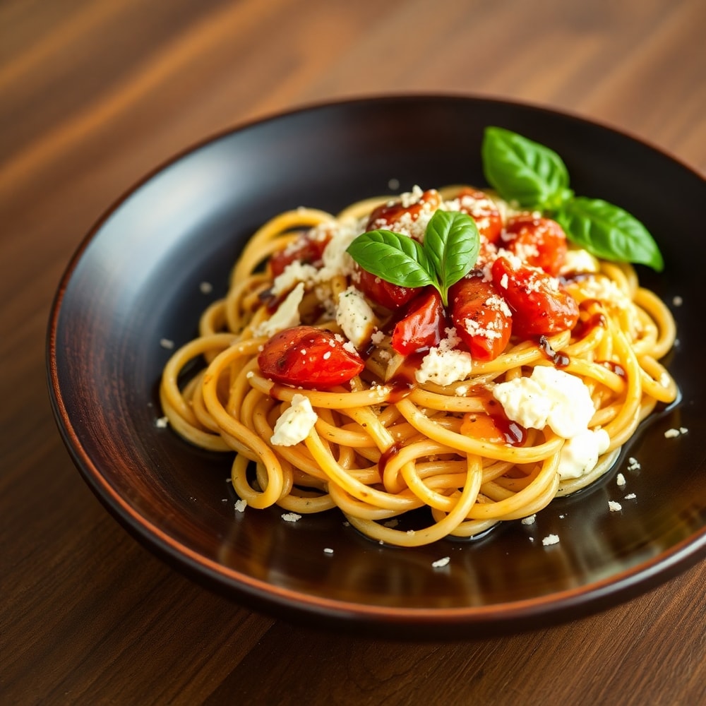 Plated Roasted Tomato and Garlic Ricotta Pasta