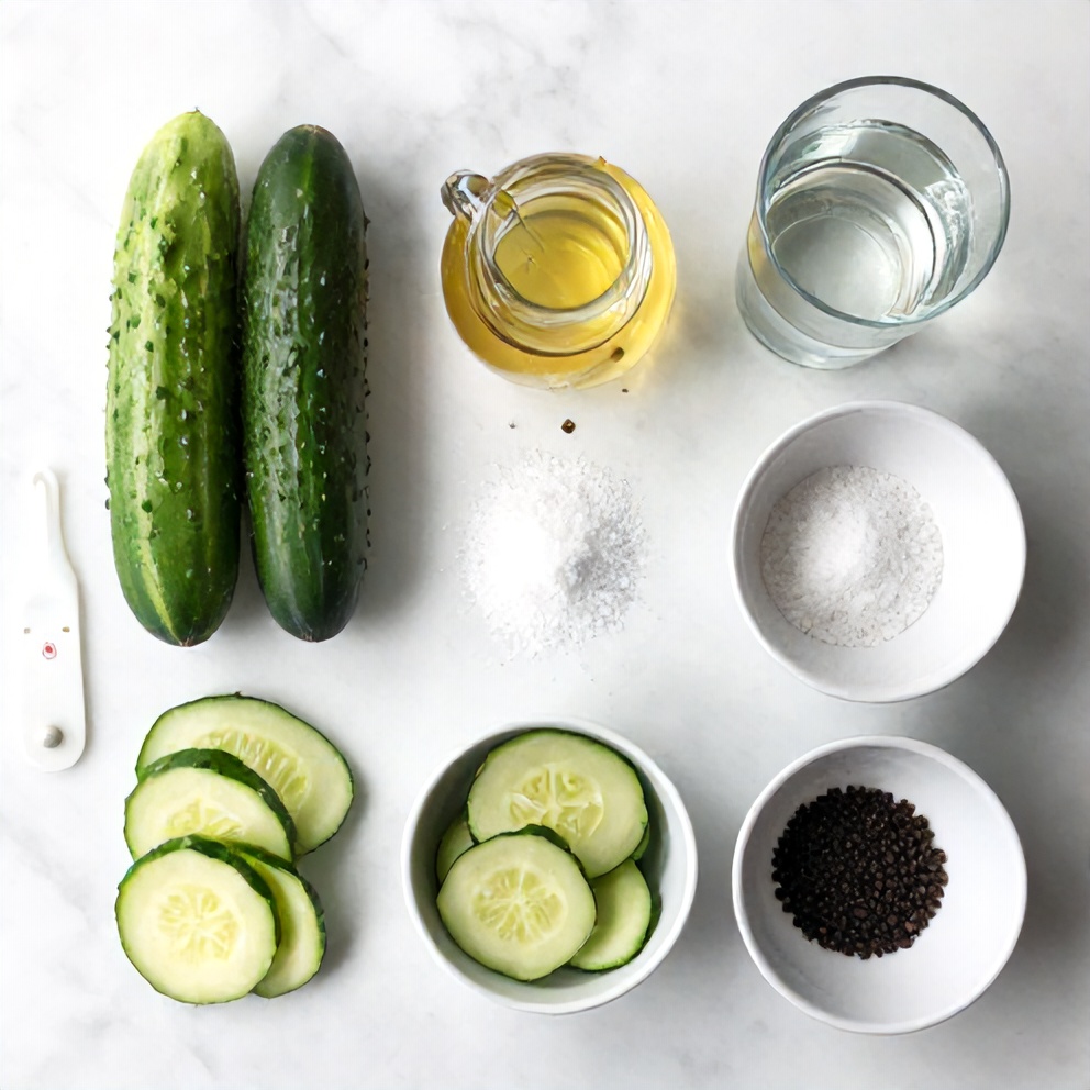 Raw ingredients for salt and vinegar cucumber chips on a white marble surface