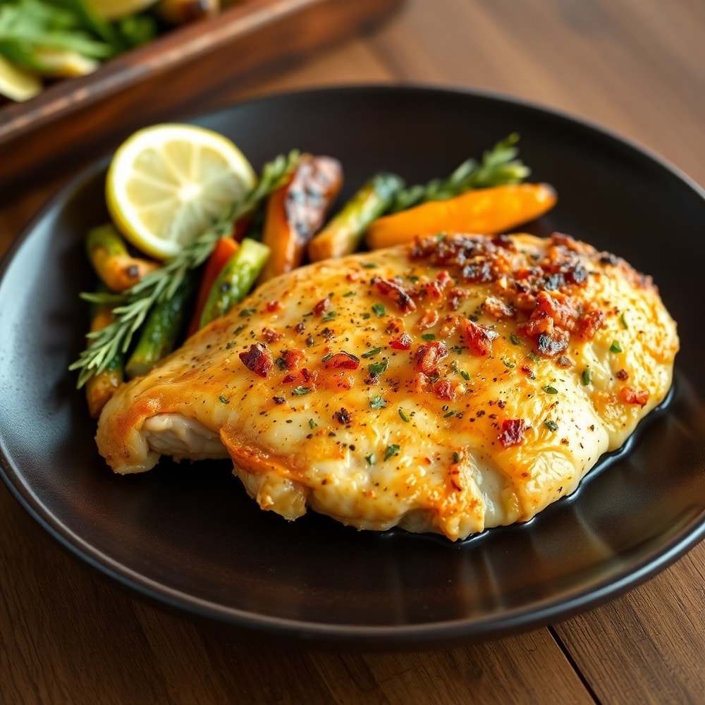 Plated Sheet Pan Lemon Herb Chicken and Vegetables