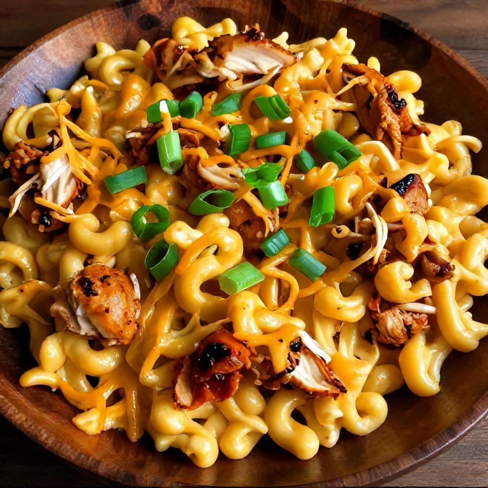 Shredded BBQ Chicken Mac and Cheese plated with garnish
