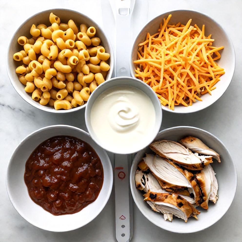 Raw ingredients for Shredded BBQ Chicken Mac and Cheese
