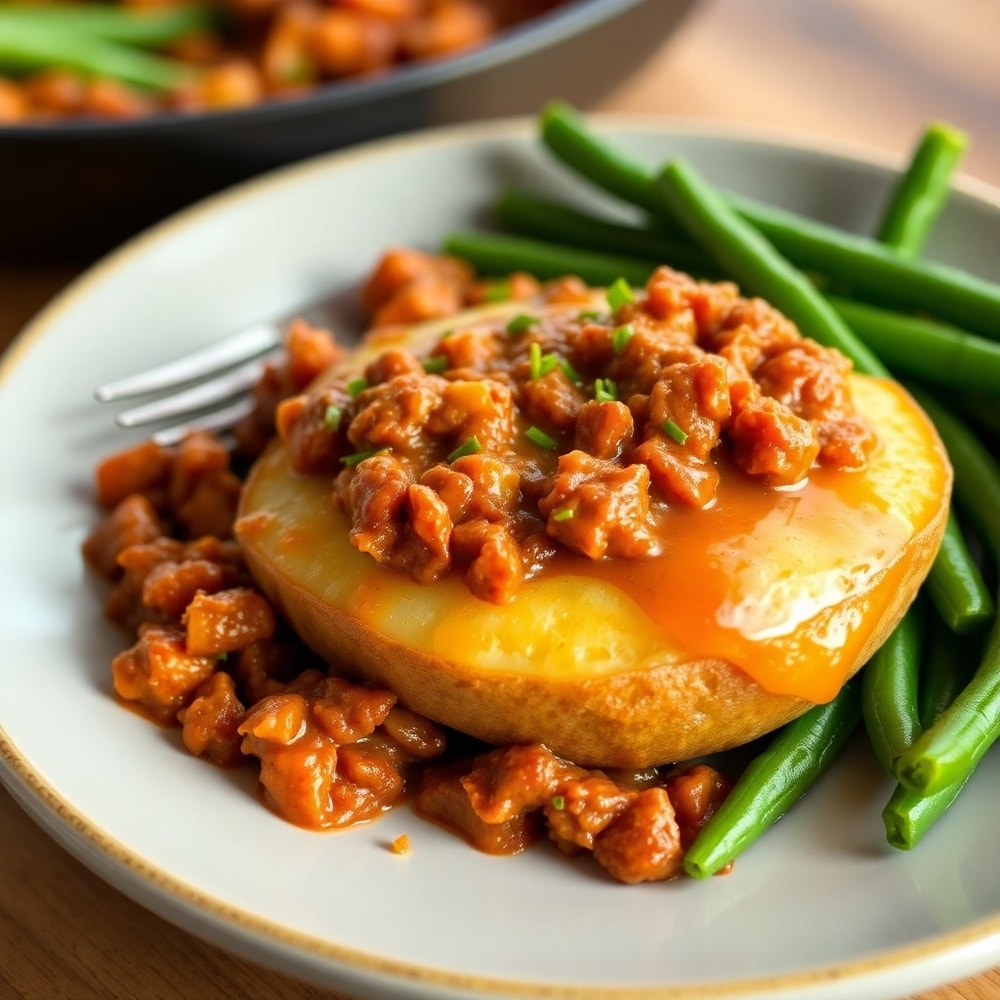 Plated Sloppy Joe Potato Skillet with a side of green beans