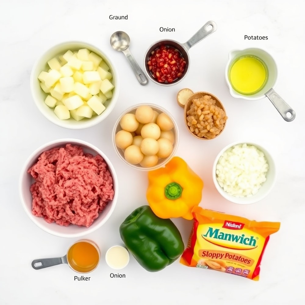 Raw ingredients for Sloppy Joe Potato Skillet including potatoes, ground beef, and Manwich