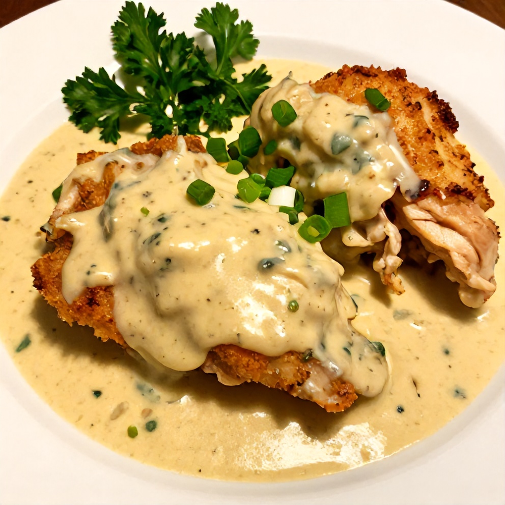Plated serving of slow cooker Cajun butter chicken with creamy sauce