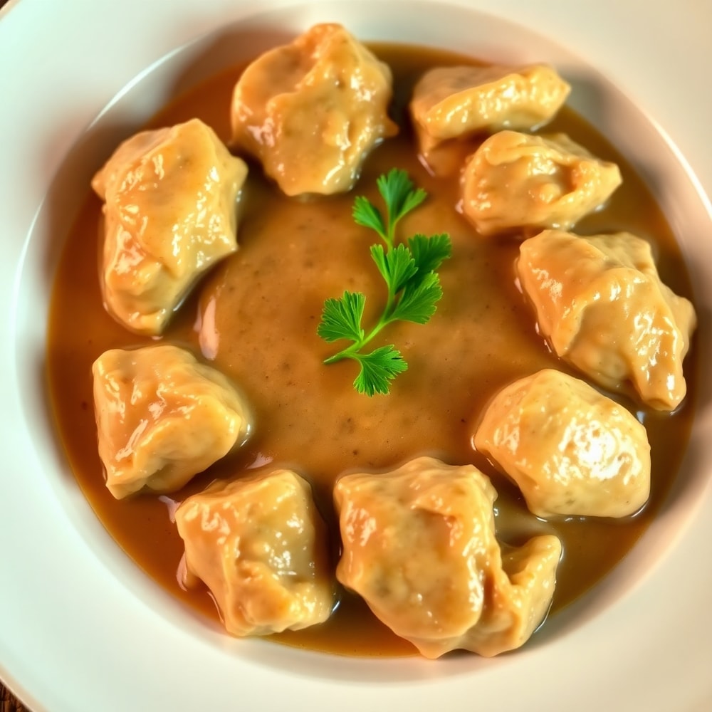 Plated Slow Cooker Chicken and Gravy with green beans