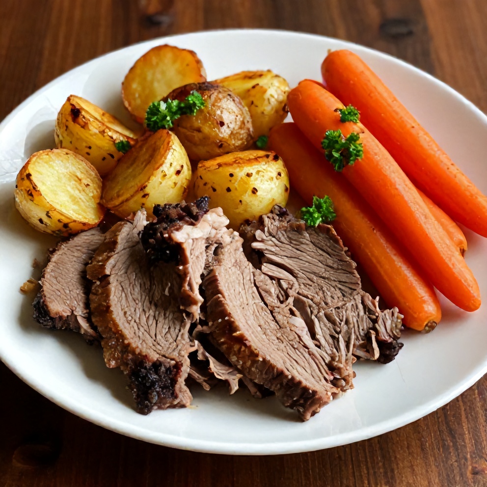 Slow Cooker Chuck Roast with Potatoes and Carrots plated