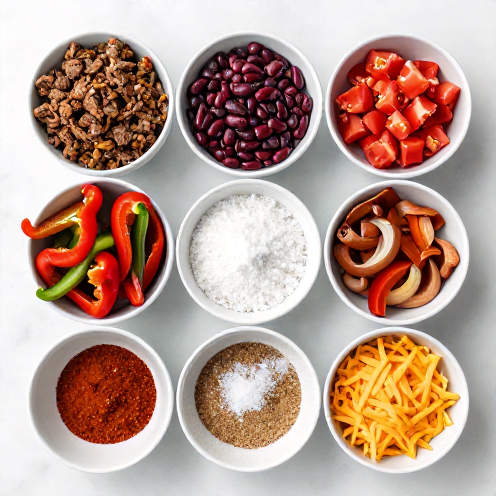 Raw ingredients for Slow Cooker Cowboy Casserole laid out