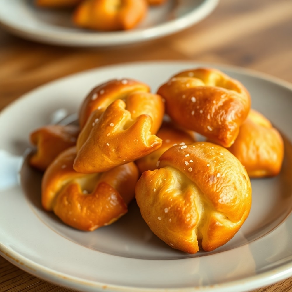 Soft pretzel bites on a plate with mustard for dipping