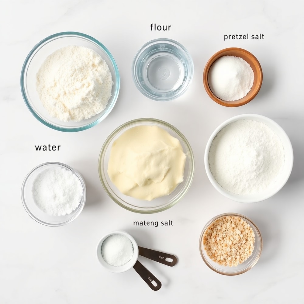 Ingredients for soft pretzel bites on a marble counter