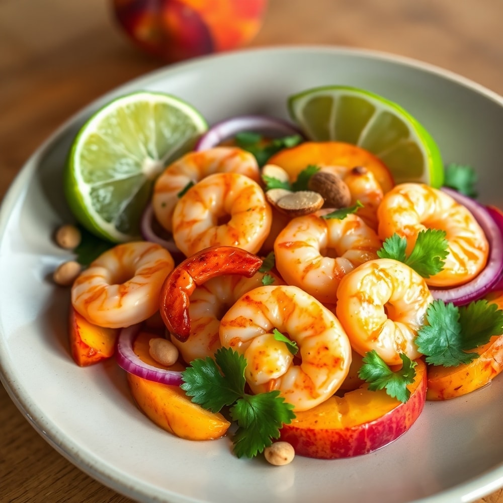 Plated Spicy Shrimp with Peach Salad