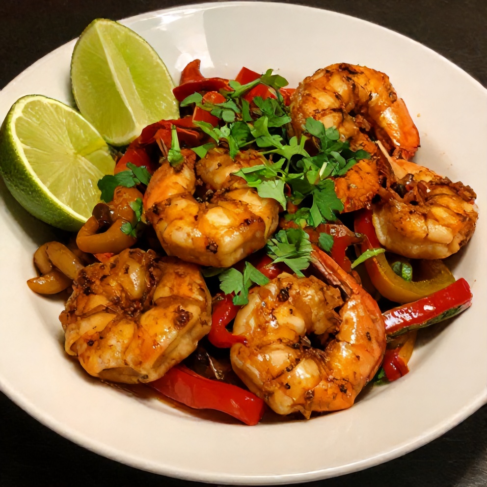 Plated Spicy Shrimp Veracruz with lime wedges and fresh cilantro