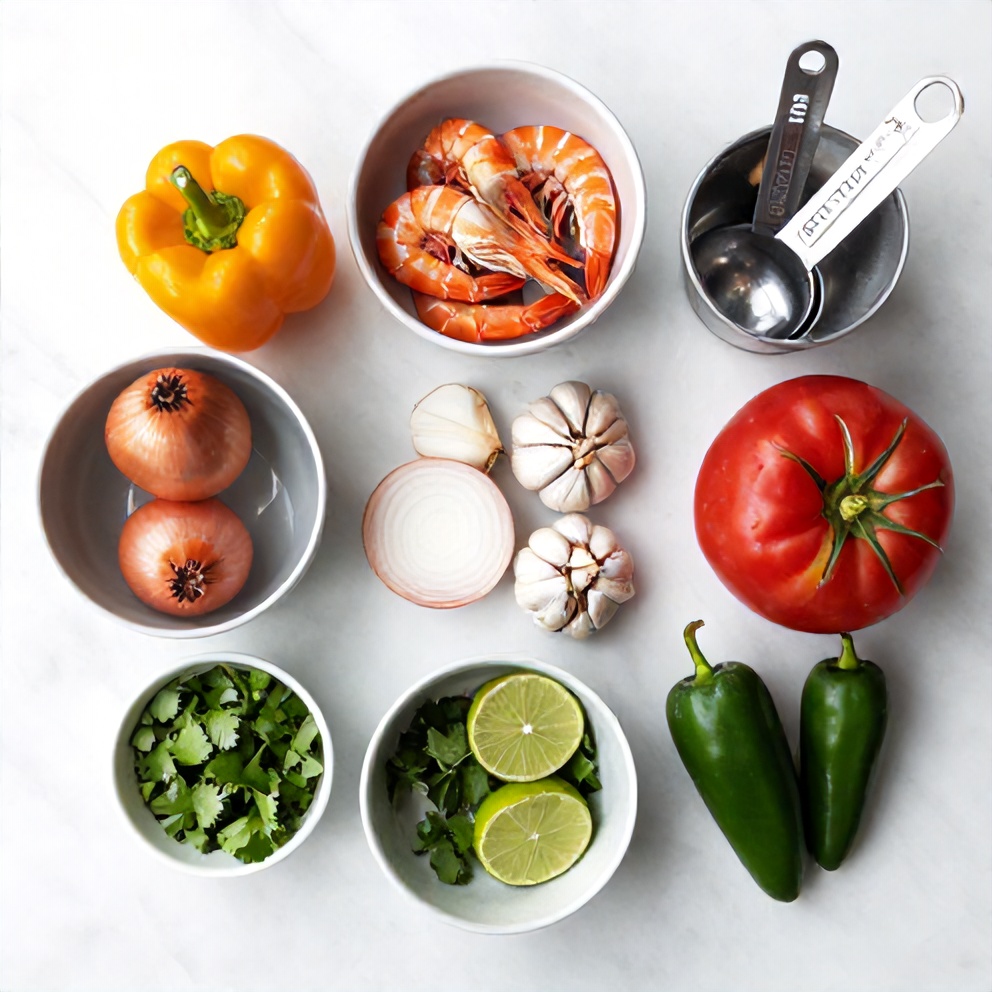 Raw ingredients for Spicy Shrimp Veracruz including shrimp, bell peppers, onions, garlic, and spices