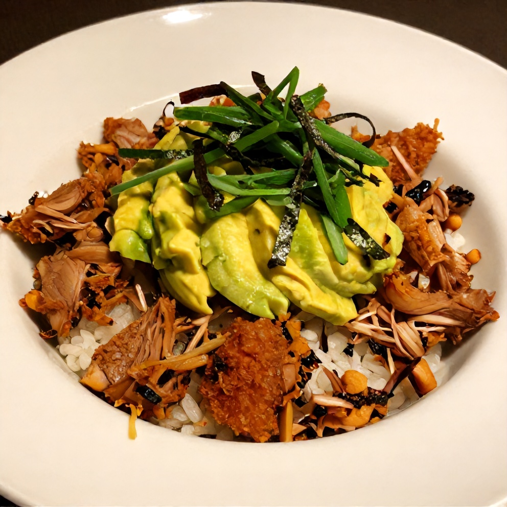 Spicy Tuna Rice Bowl plated with nori strips and sesame seeds