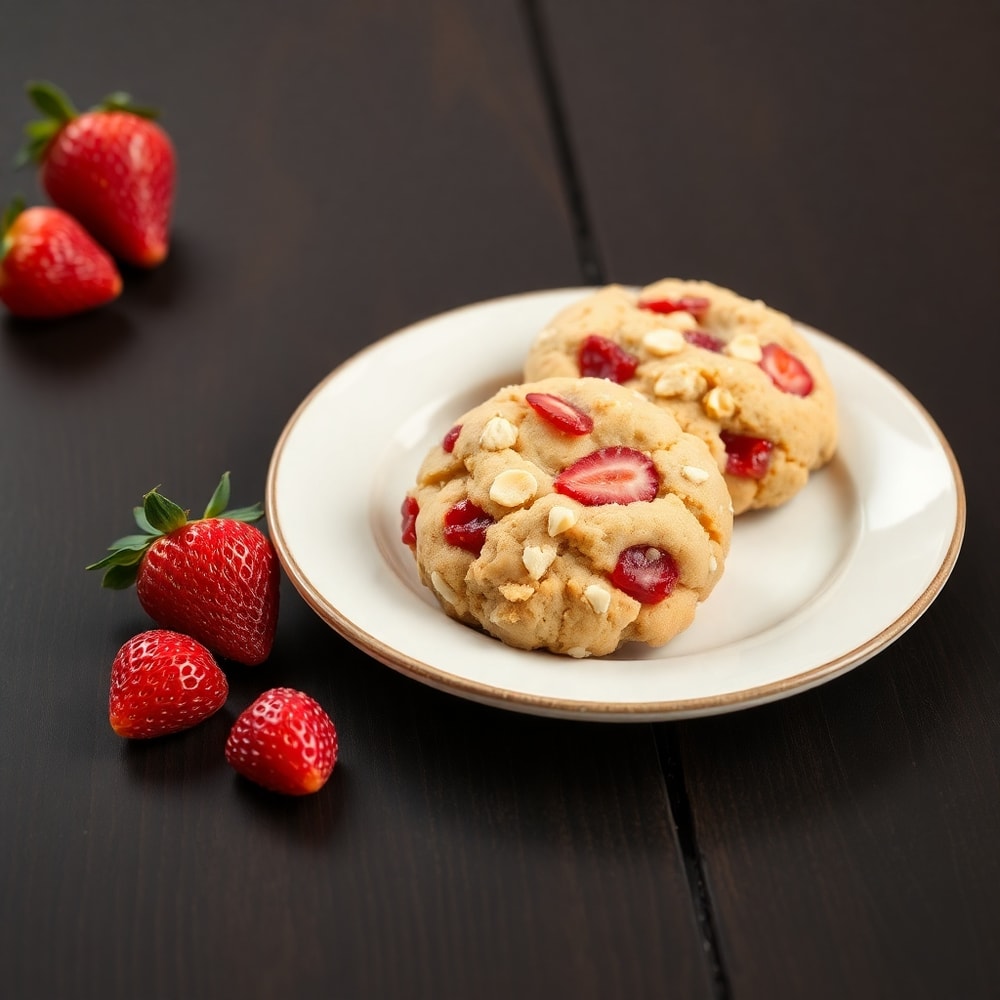 Strawberry Crunch Cookies on a dark wooden surface