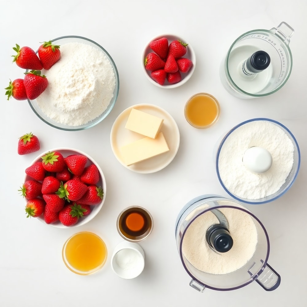 Strawberry Crunch Cookies ingredients on a white marble surface