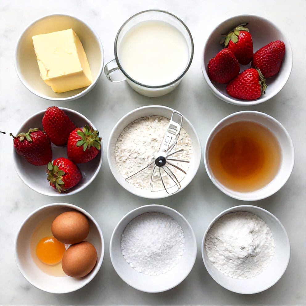Raw ingredients for Strawberry Milkshake Pound Cake including fresh strawberries, butter, and milk