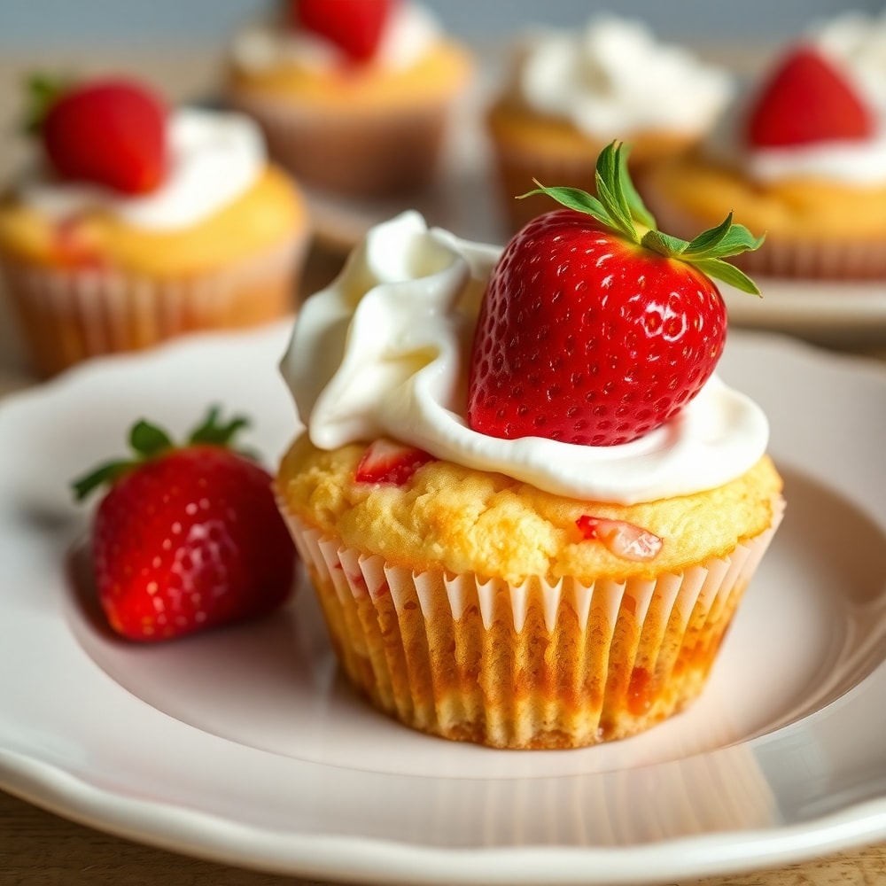 Plated serving of Strawberry Shortcake Muffins with whipped cream and a fresh strawberry