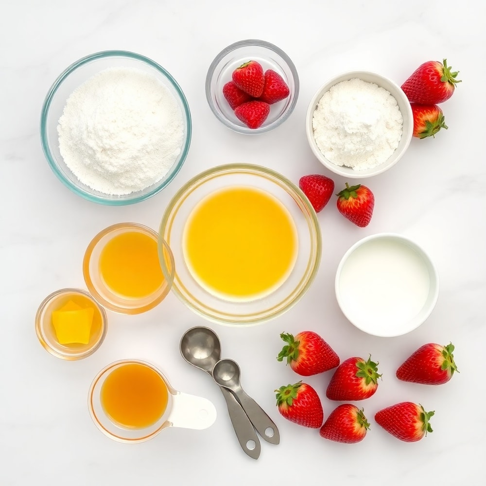 Raw ingredients for Strawberry Shortcake Muffins including flour, sugar, eggs, and fresh strawberries