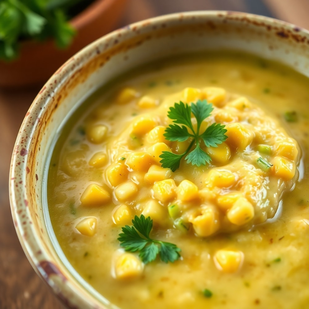 Bowl of Summer Corn and Zucchini Chowder garnished with fresh parsley, served in a rustic bowl