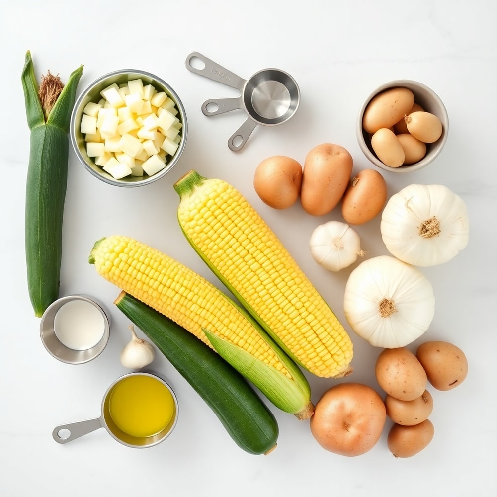 Fresh corn, zucchini, onions, garlic, and potatoes arranged in a flat lay, with measuring spoons and bowls visible
