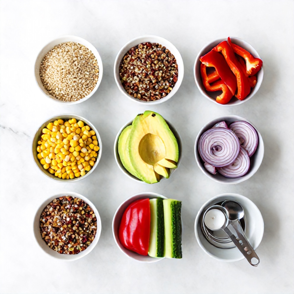 Raw ingredients for summer quinoa salad, including quinoa, corn, avocado, and lime