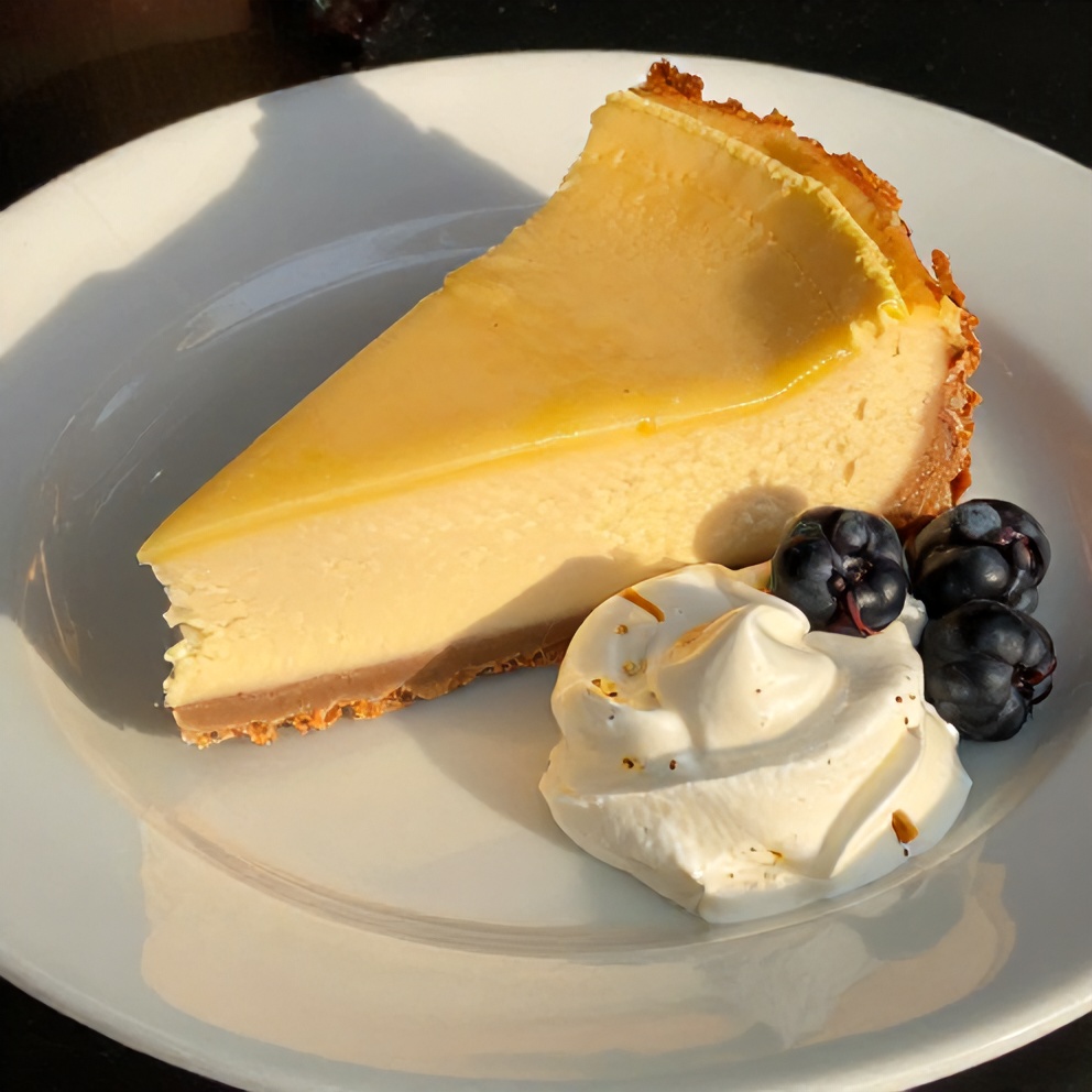 Sliced Tangy Lemon Cheesecake Cake on a plate with a dollop of whipped cream