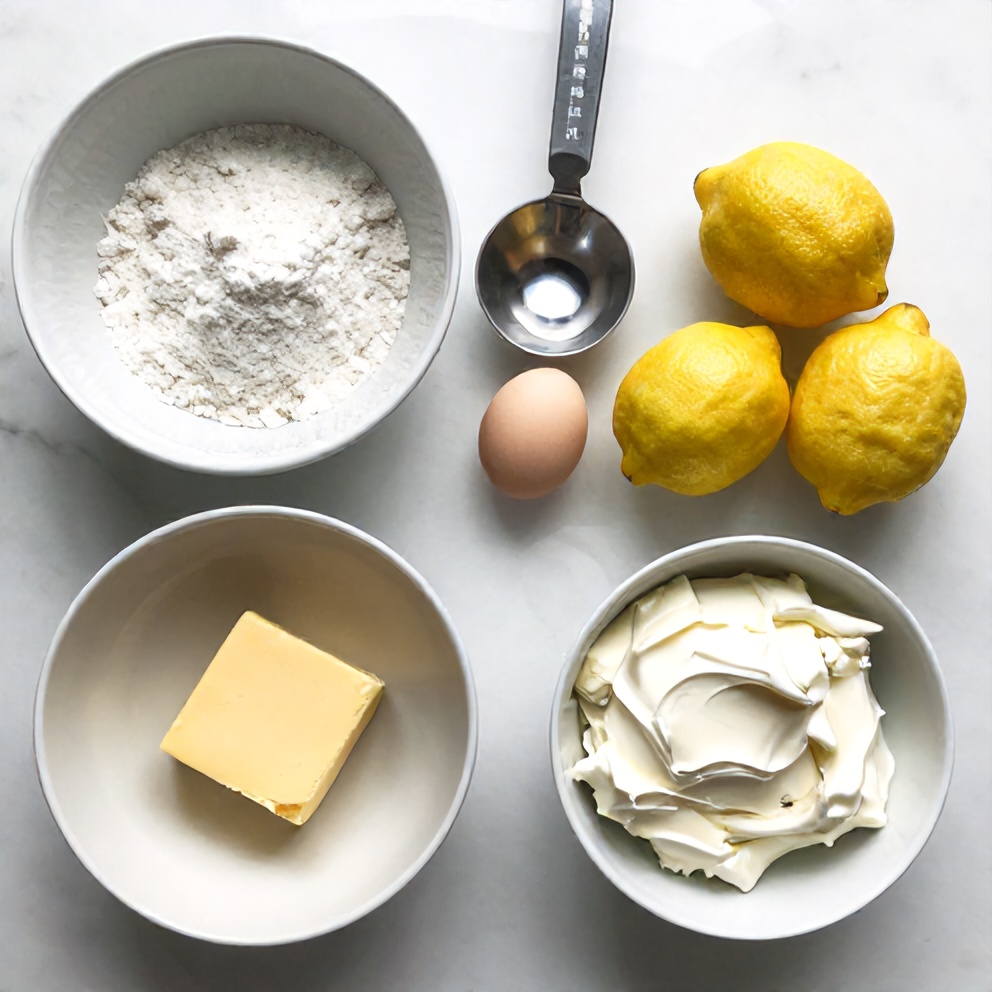 Ingredients for Tangy Lemon Cheesecake Cake: flour, sugar, butter, eggs, lemons, cream cheese