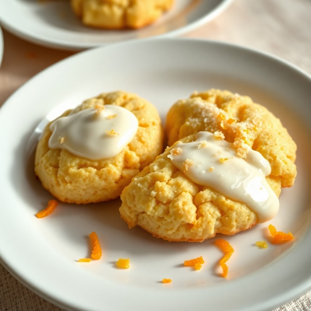 Orange scone cookies on a plate with a cup of tea