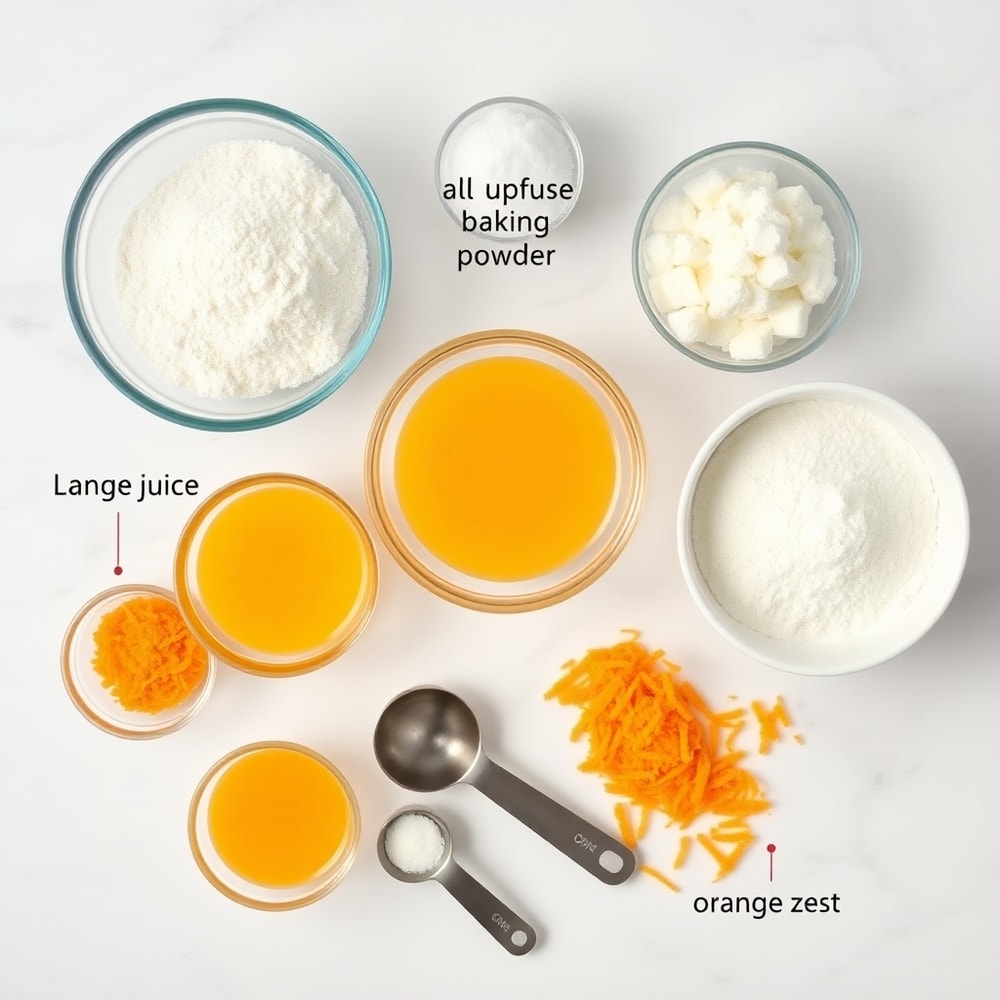 Ingredients for orange scone cookies on a marble surface