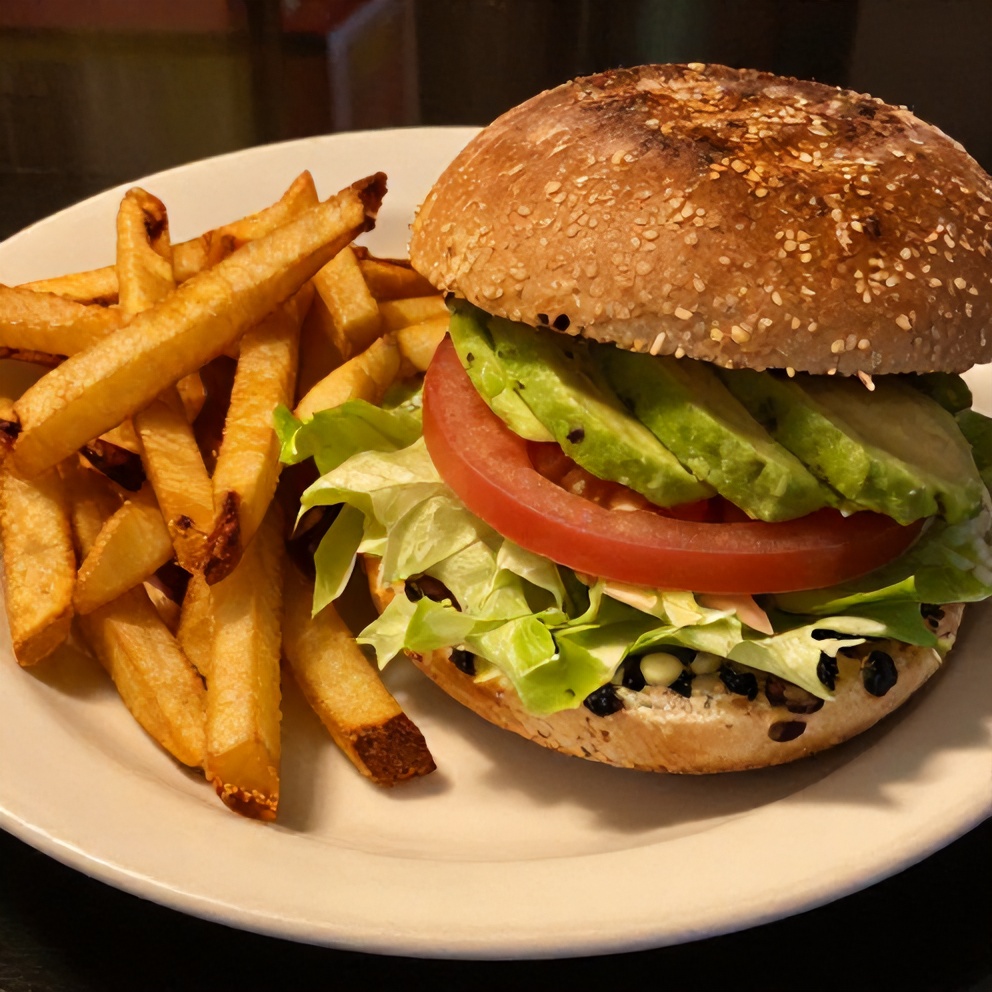 Vegan Black Bean & Farro Burger on a bun with lettuce, tomato, and avocado, served with a side of fries