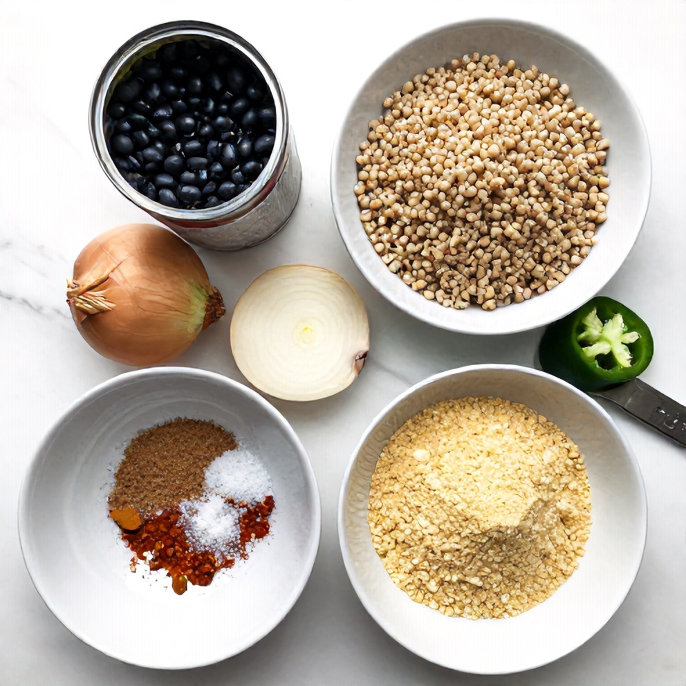 Raw ingredients for Vegan Black Bean & Farro Burger including black beans, farro, onion, garlic, and spices