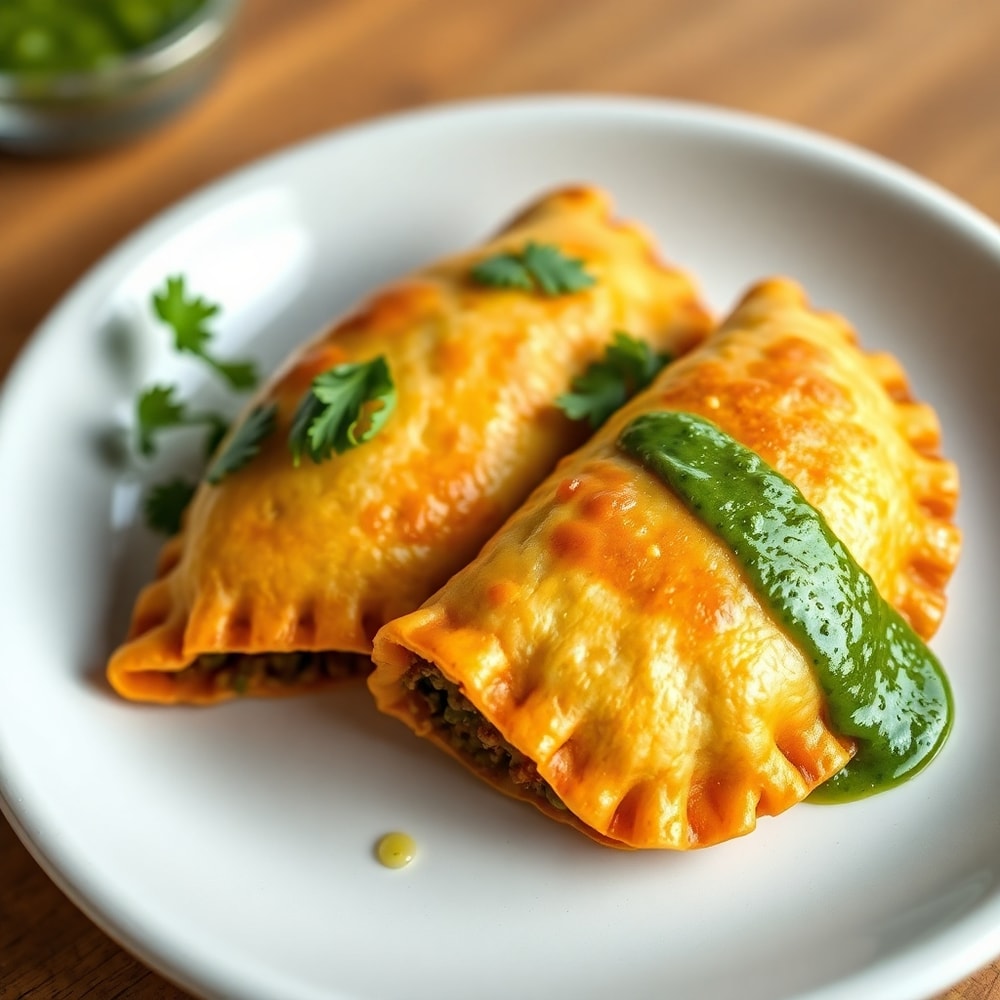 Plated vegan lentil empanadas with chimichurri