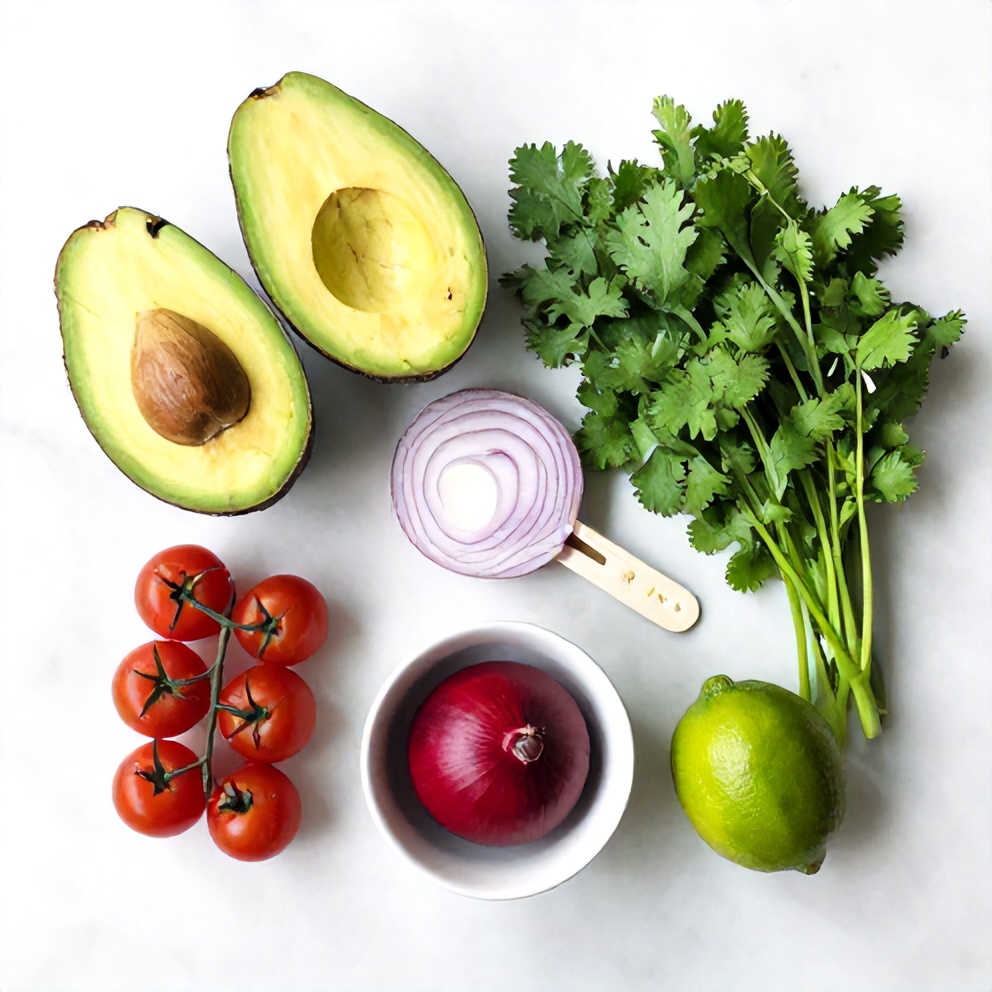 Raw ingredients for Zesty Avocado Tomato Salad including avocados, tomatoes, red onion, and fresh herbs